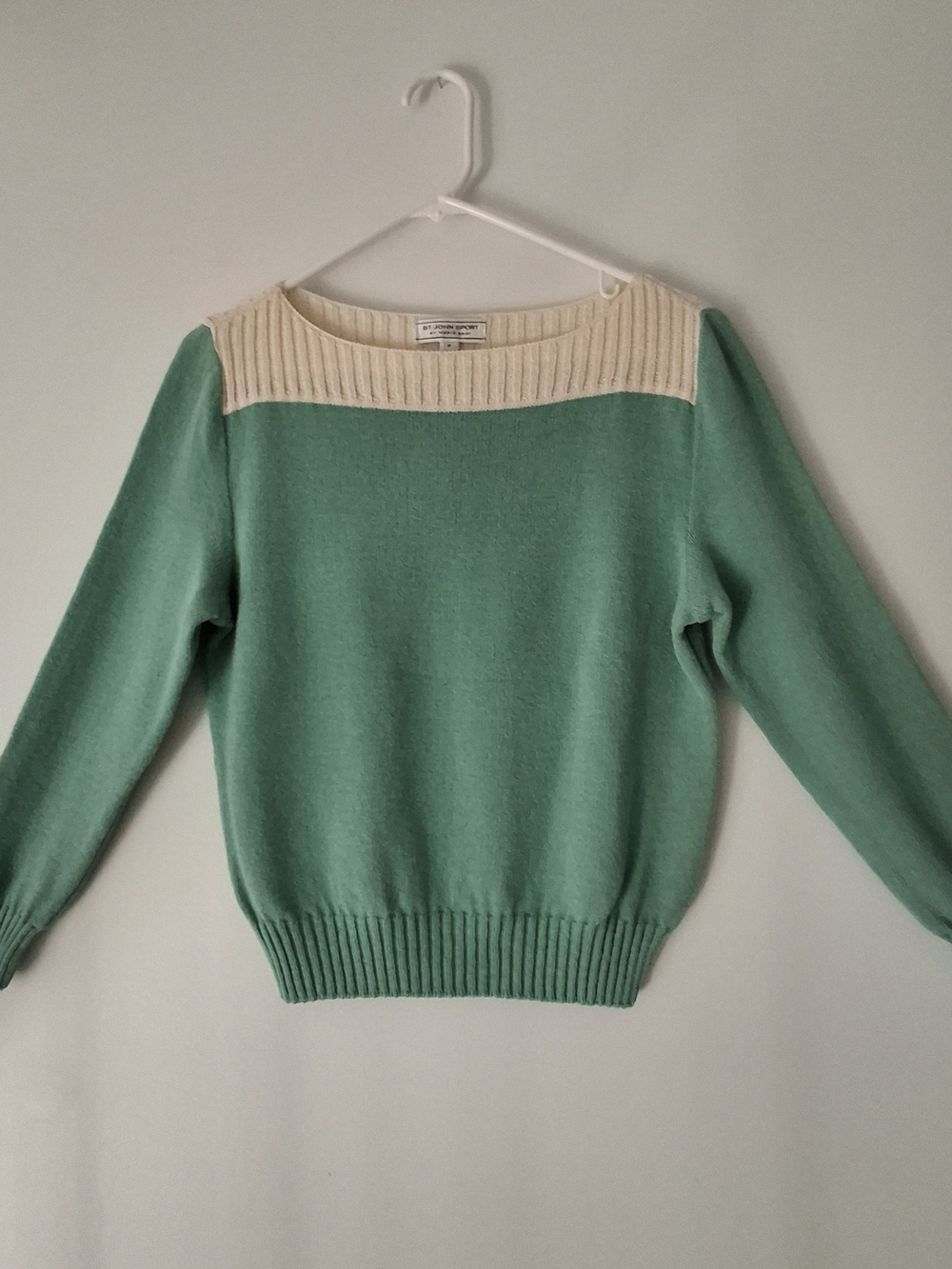 St John Sport Marie Gray Spring Green and Cream Women's Boatneck Sweater Size P